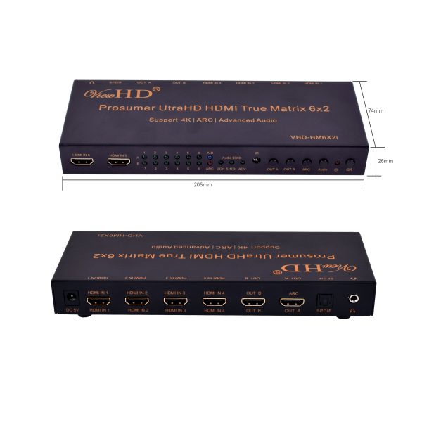 ViewHD HDMI 6x2 Matrix Supports | HDMI v1.4   4K@30Hz | ARC | Toslink Audio Output | 3.5mm Headphone Output | Model: VHD-HM6X2i For Sale